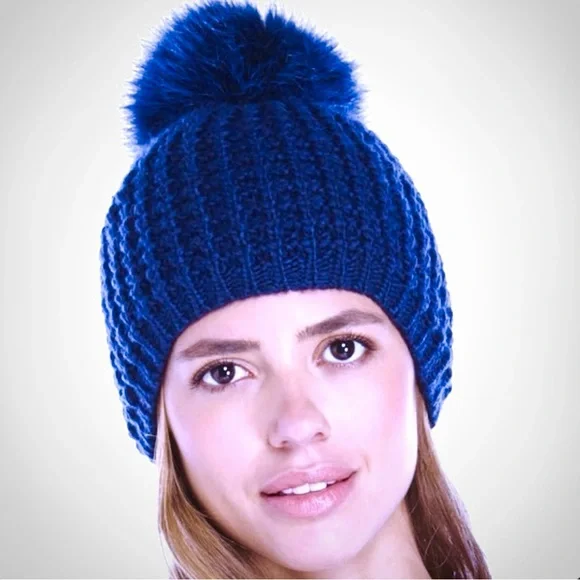 KYI KYI CANADA Electric Blue Wool Knit Fox Fur Pom Pom Fleece Lined Beanie Hat - Picture 2 of 5